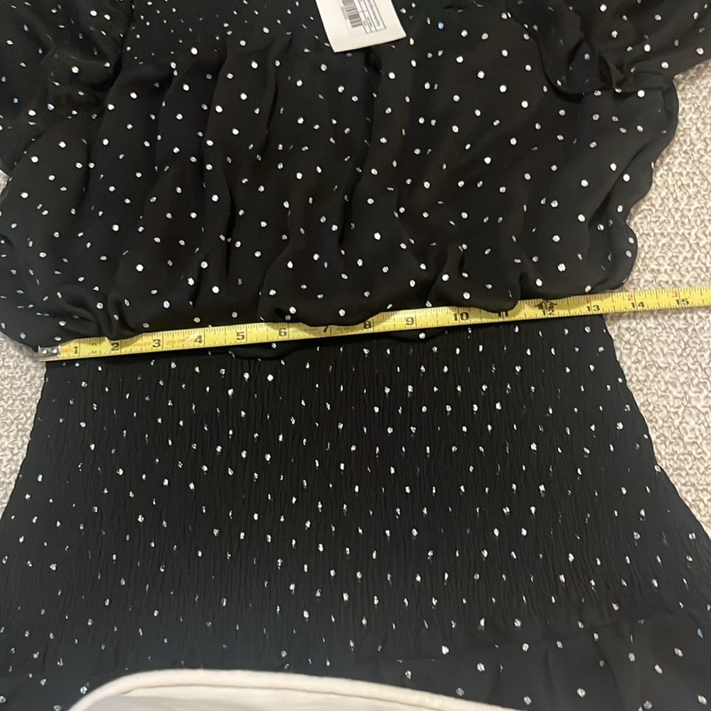 Vici x Gina Black Sheer Polka Dot Chiffon Smocked Ruffle Long Sleeve Mini Dress - Picture 11 of 12